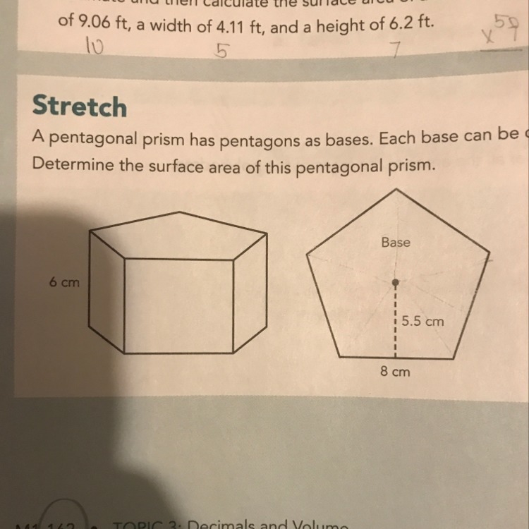 A pentagonal prism has pentagons as bases.Each bass can be divided into 5 congruent-example-1