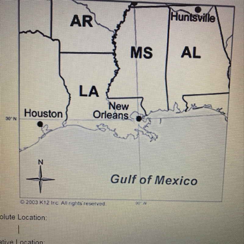 Use the map to describe both the absolute and relative location of New Orleans-example-1