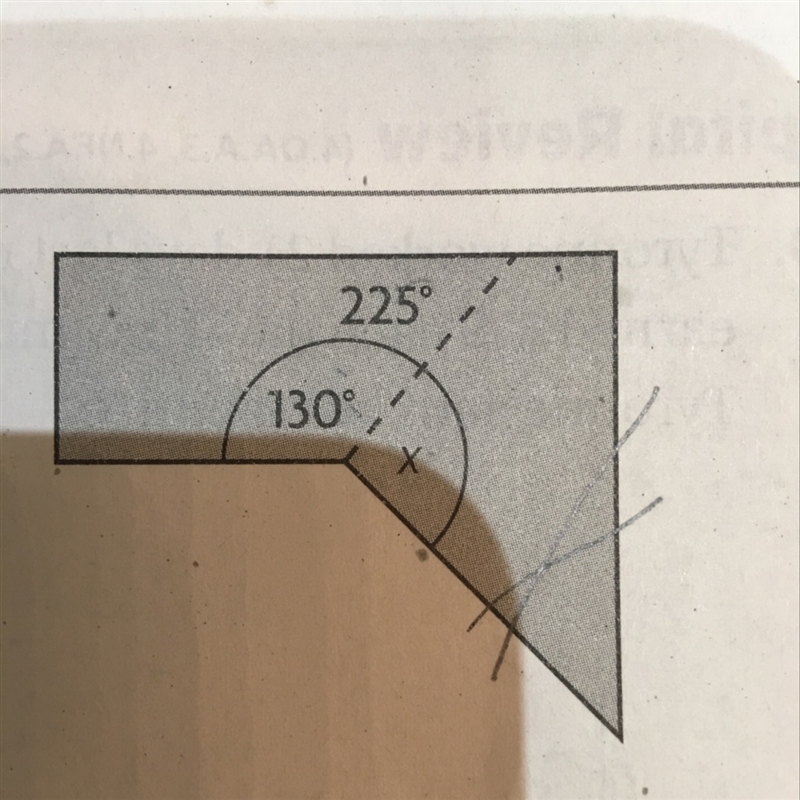 An artist is cutting a piece of metal as shown. What is the angle measure of the piece-example-1