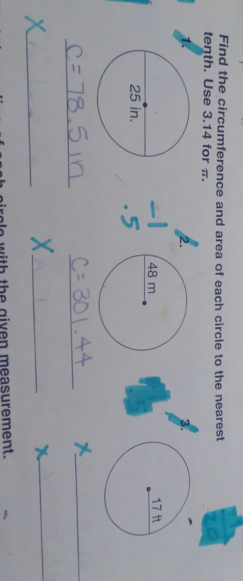 please help me find area 1-3 and the circumference for just #3 and round to the nearest-example-1