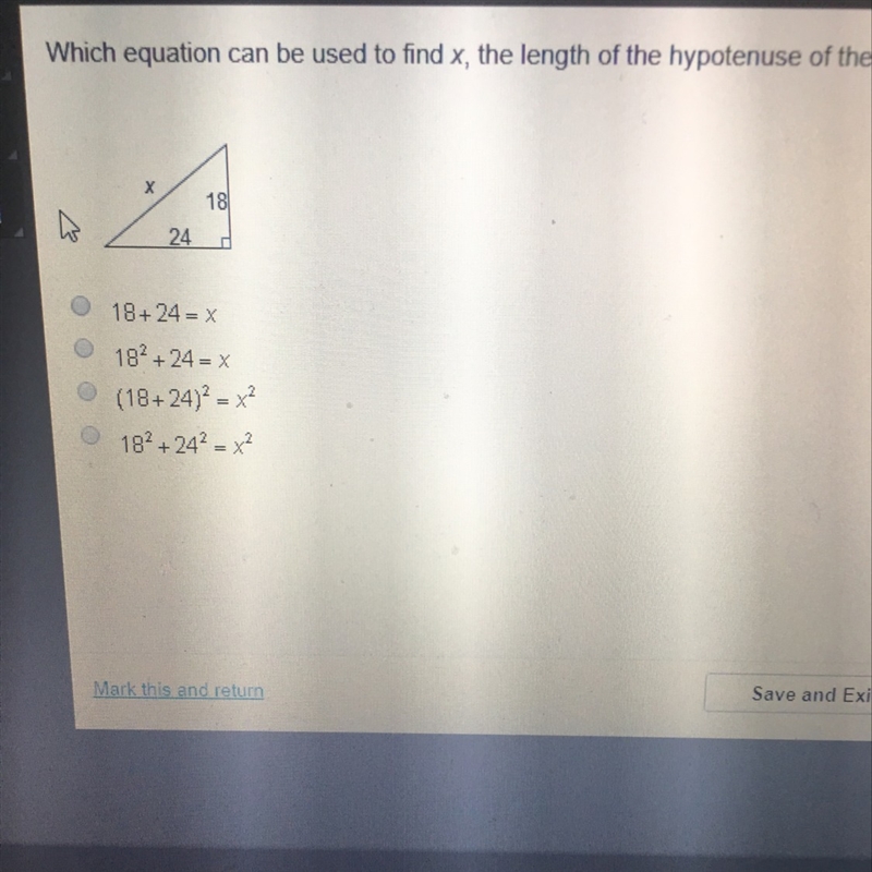 Which equation can be used to find x,the length of the hypotenuse of the right triangle-example-1