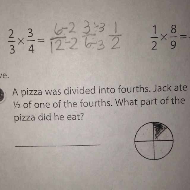 A pizza was divided into fourths.Jack ate 1/2 of one of the fourths what part of the-example-1