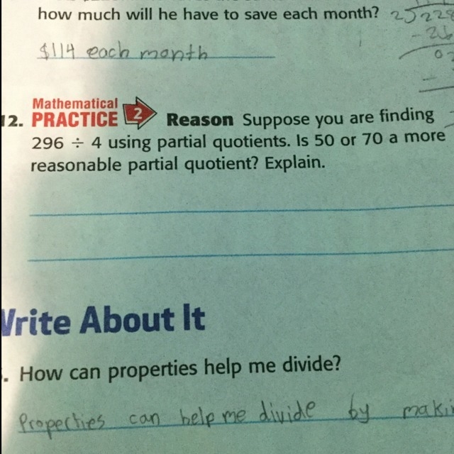 Suppose you are finding 296 divided by 4 using partial quotients. Is 50 or 70 a more-example-1