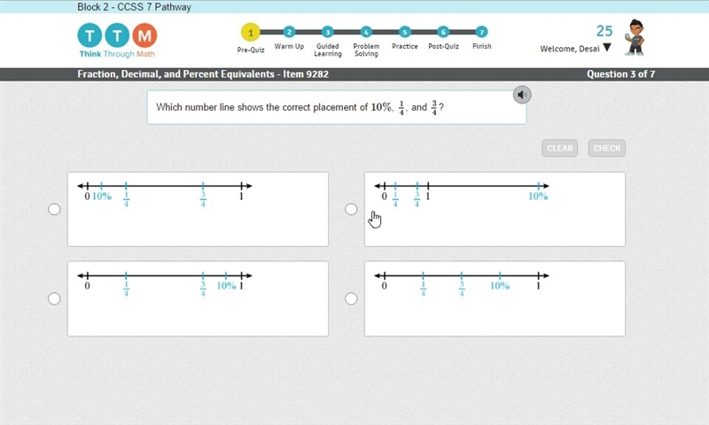 Which number line shows the correct placement of 10%, 14, and 34?-example-1