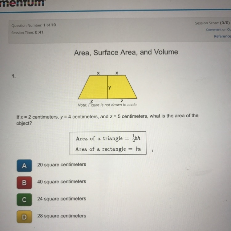 If x=2 centimeters, y=4 centimeters, and z=5 centimeters, what is the area of the-example-1