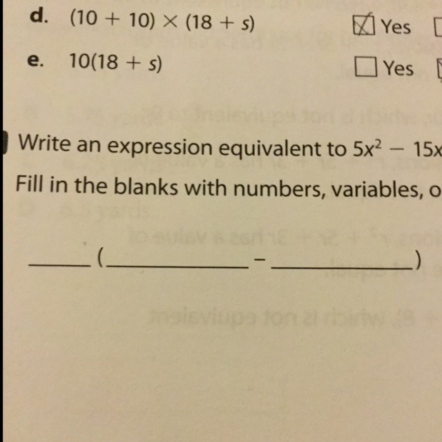 Write an expression equivalent to 5x squared-15x-example-1