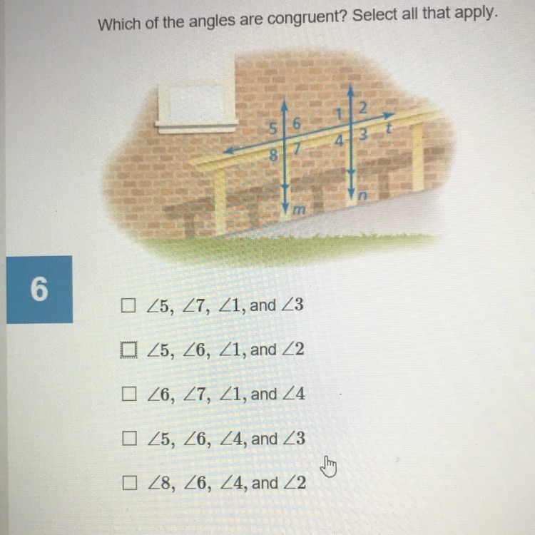 Which of the angles are congruent, select all that apply-example-1