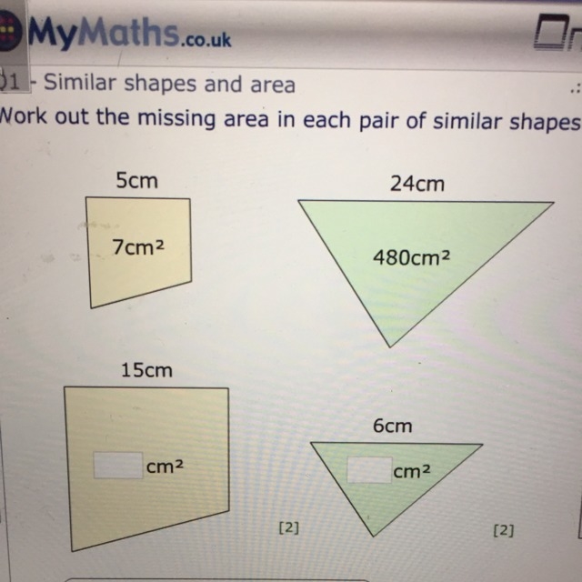 Work out the missing area in each pair of similar shapes ( please help me this is-example-1