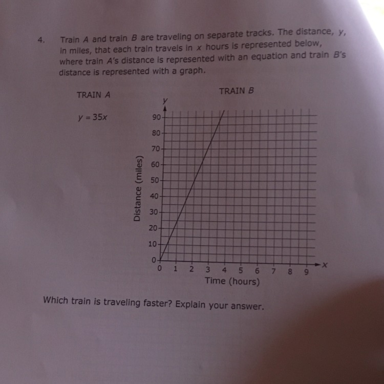 Which train is traveling faster ? Explain your answer.-example-1