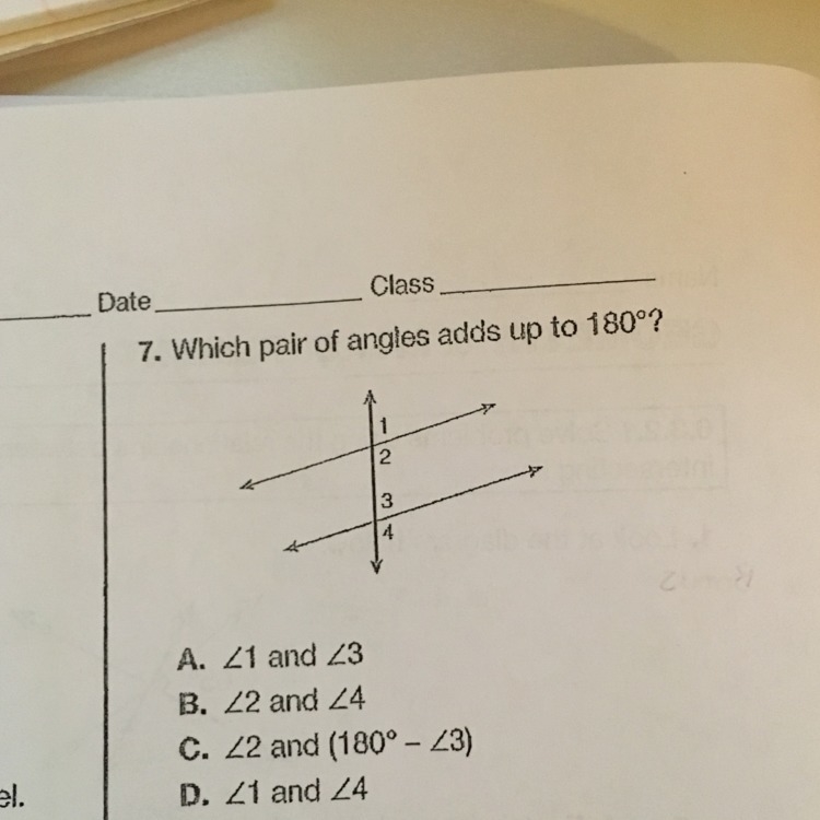 Which pair of angles adds up to 180 degrees?-example-1