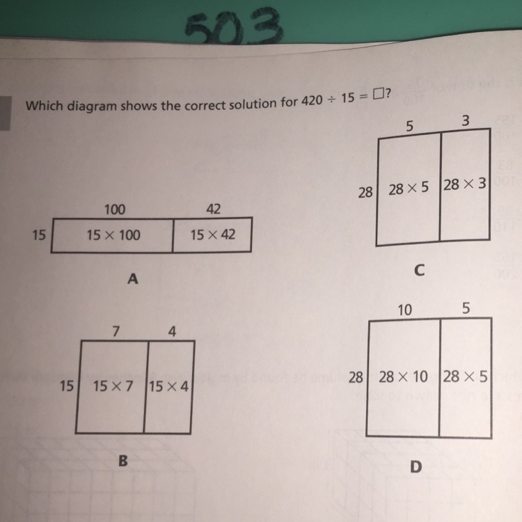 Which diagram shows the correct solution for 420 divided by 15 = ?-example-1