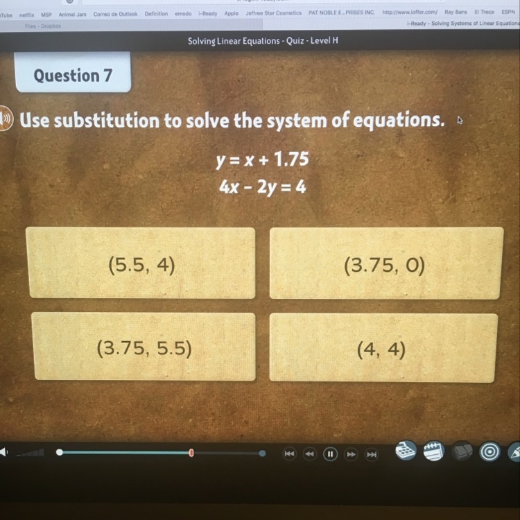 Use subtraction to solve the system of equations y=x+1.75 , 4x-2y=4-example-1