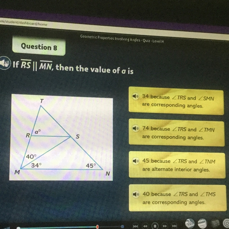 If line segment RS is parallel to line segment MN, then the value of a is-example-1