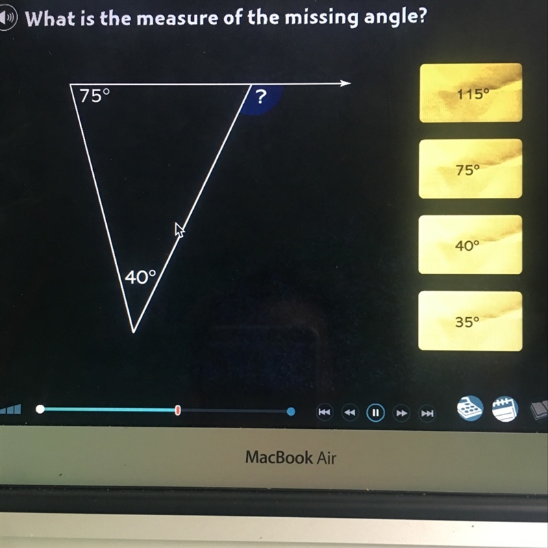 What is the measure of the missing angle?-example-1