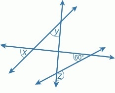 Given that the measure of ∠x is 57°, and the measure of ∠y is 51°, find the measure-example-1