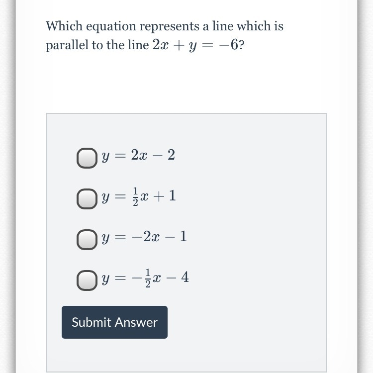 Which equation represents a line which is parallel to the line 2x+y=-6?-example-1