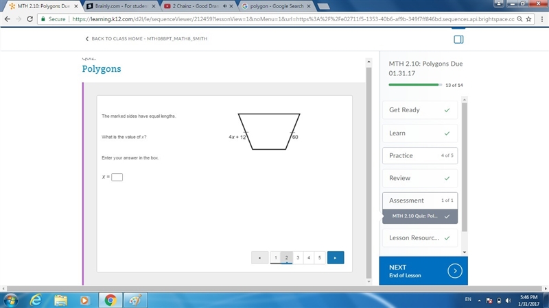 The marked sides have equal lengths. What is the value of x?-example-1