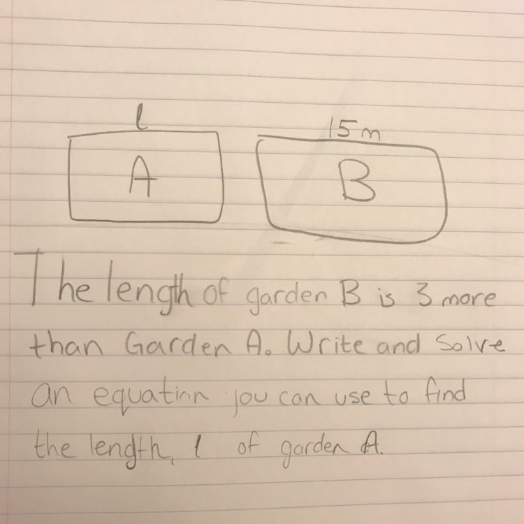 The length of Garden B is 3 more than Garden A. Write and solve an equation you can-example-1