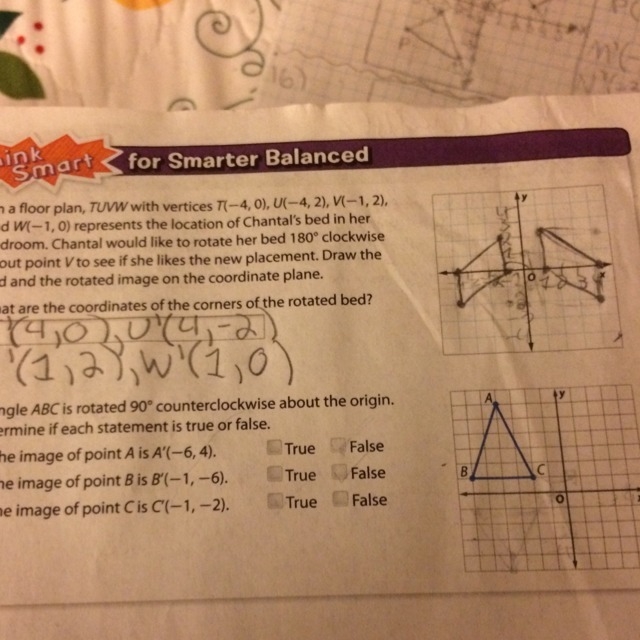 Triangle abc is rotated 90 counterclockwise about the origin.determine if each statement-example-1