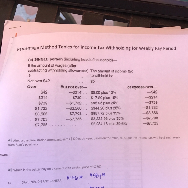 Alex, a gasoline station attendant, earns $420 each week. Based on the table, calculate-example-1