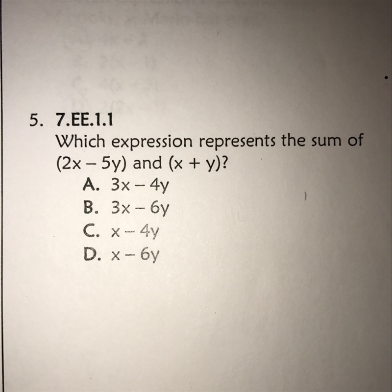 Which expression represents the sum of (2x-5y) and ( x+y)-example-1