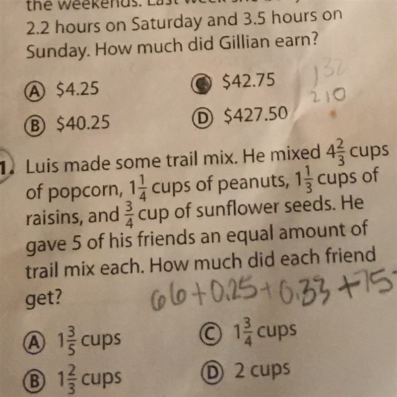 Luis made some trail mix .He mixed 4 2/3 cups of popcorn ,1 1/4 cups of peanuts ,1 1/3 cups-example-1