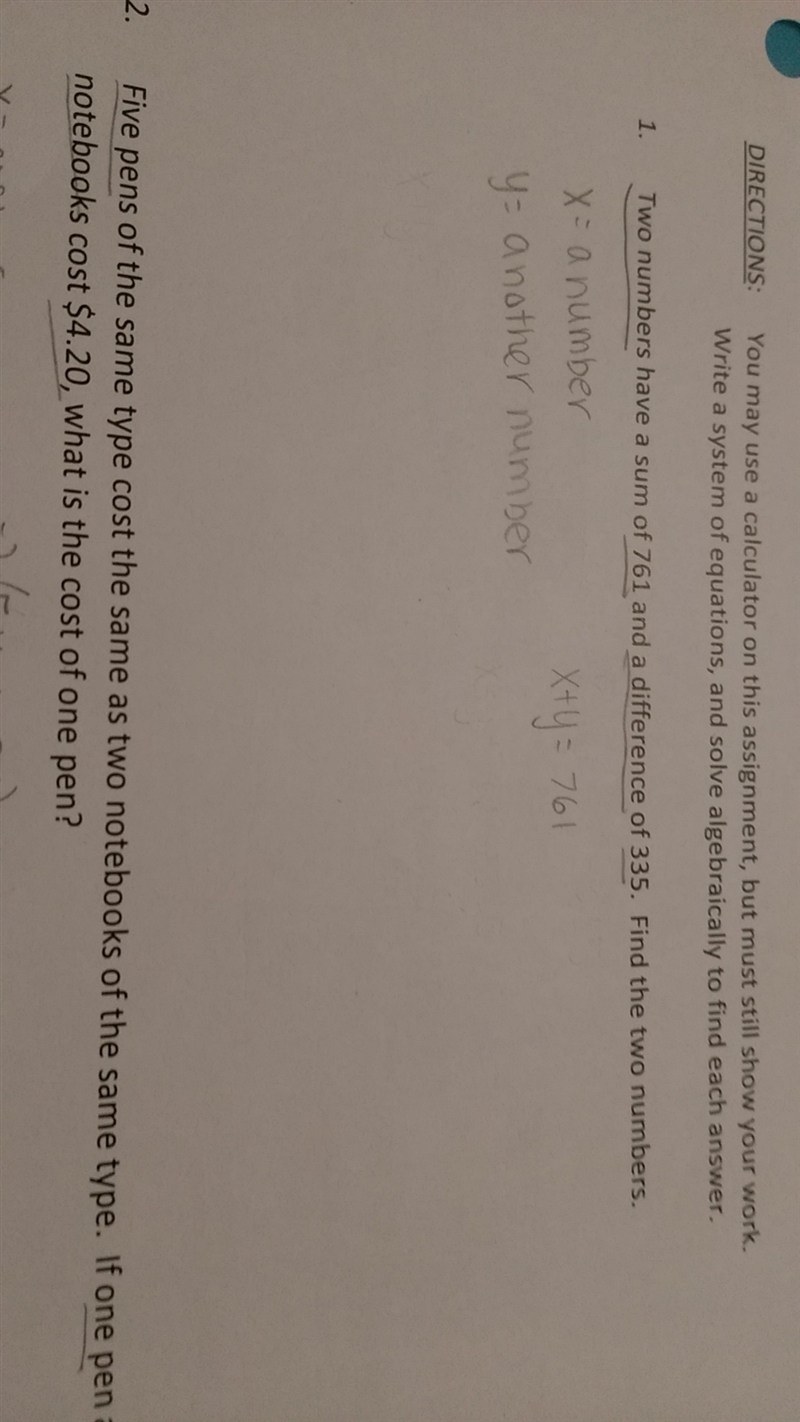 Two numbers have a sum of 761 and a difference of 335. find the 2 numbers-example-1