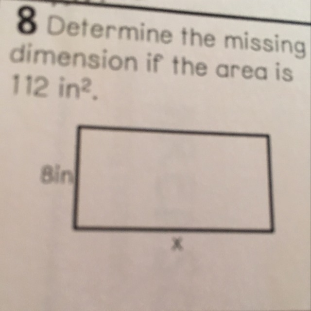 Determine the missing dimension of the area is 112 in2-example-1