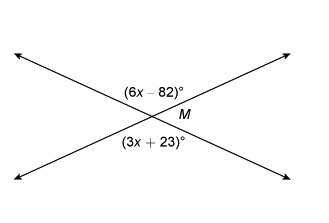 The lines intersect at point M. What is the value of x? 20 35 105 128-example-1