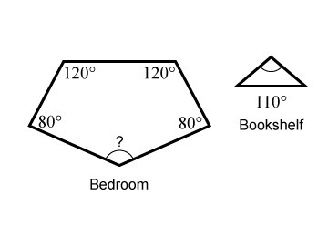 A bedroom is shaped like a pentagon. A designer wants to put a triangular bookshelf-example-1