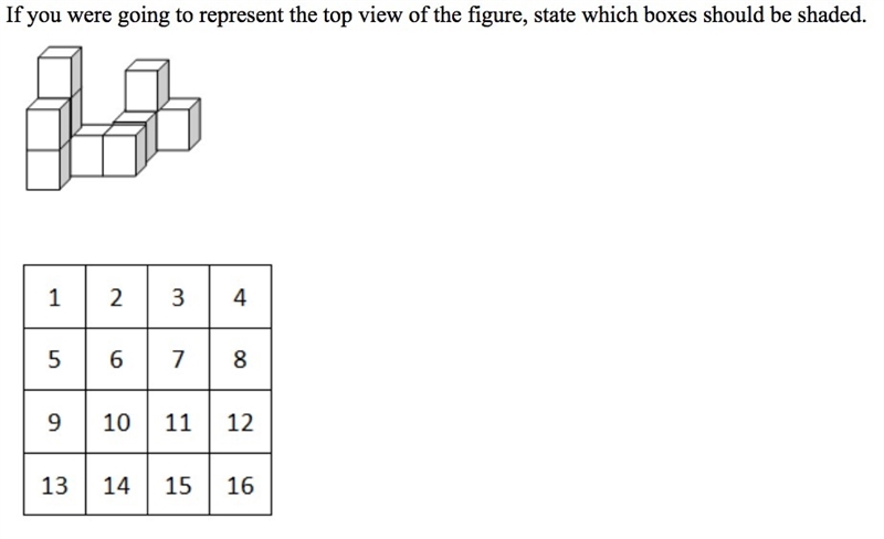 If you were going to represent the top view of the figure, state which boxes should-example-1