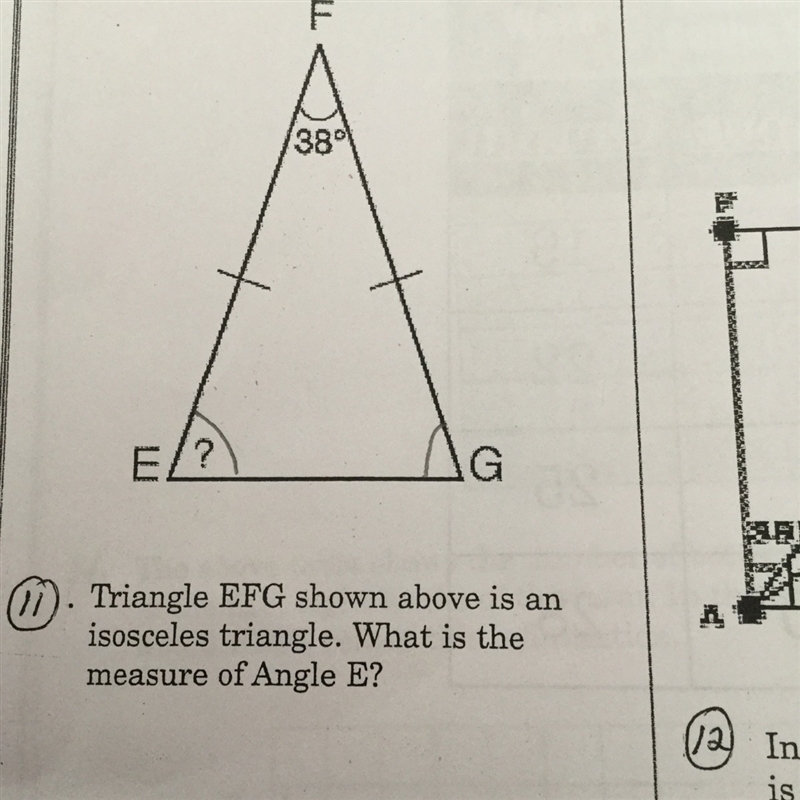 Triangle EFG shown above is an isosceles triangle. What is the measure of angle E-example-1