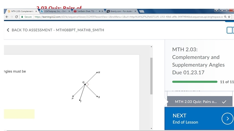 In the figure shown, which pair of angles must be complementary? ∠PQS and ∠SQR ∠PQT-example-1