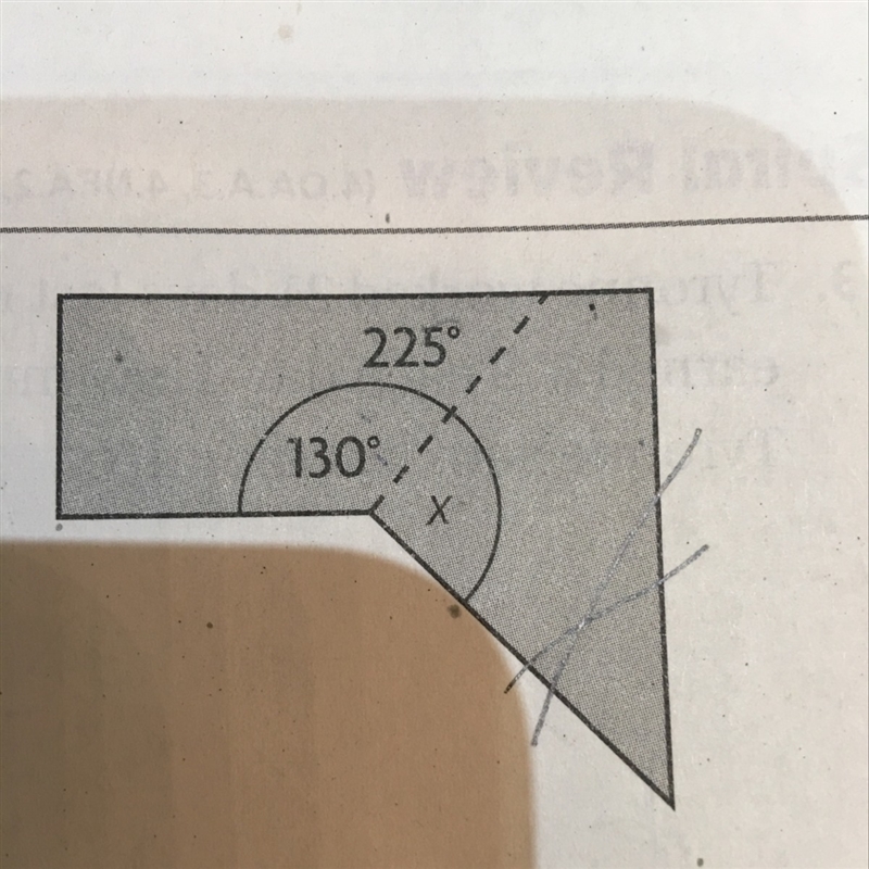 An artist is cutting a piece of metal as shown. What is the angle measure of the piece-example-1