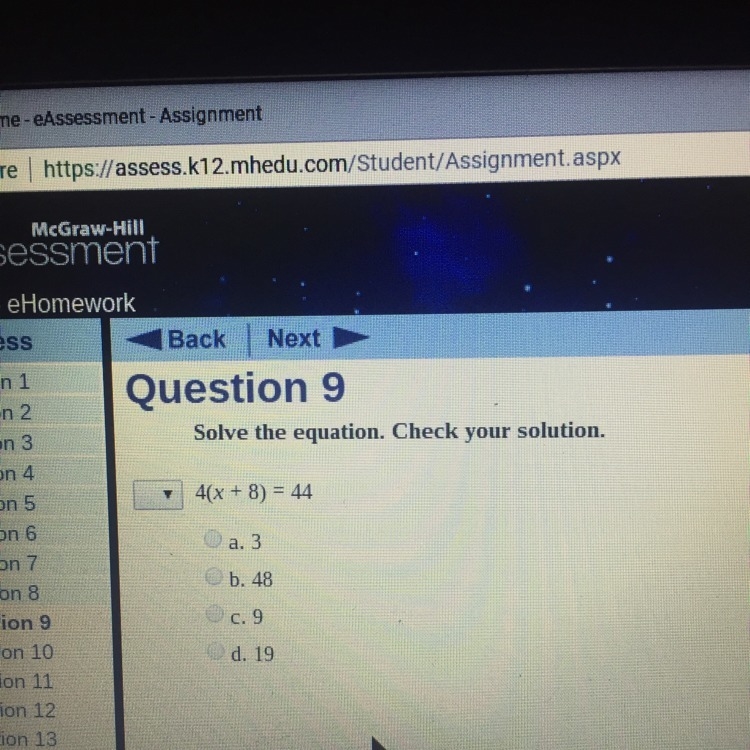 How do I solve the two step equation 4(x+8)=44-example-1