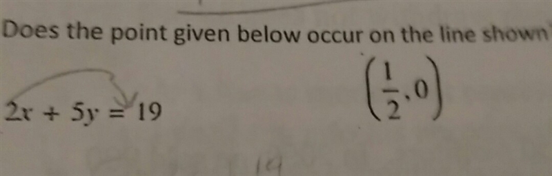 Does the point given below occur on the line shown. Can you show the work please-example-1