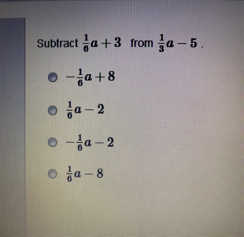 Subtract 1/6a+3 from 1/3a-5 please help !!!-example-1