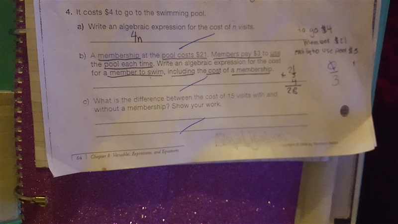 it costs $4 to go to the swimming pool. a membership at the pool costs $21. members-example-1