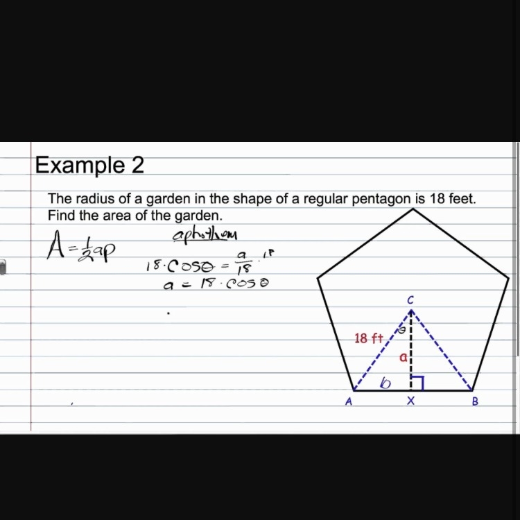 The radius of a garden in the shape of a regular pentagon is 18 feet. Find the area-example-1