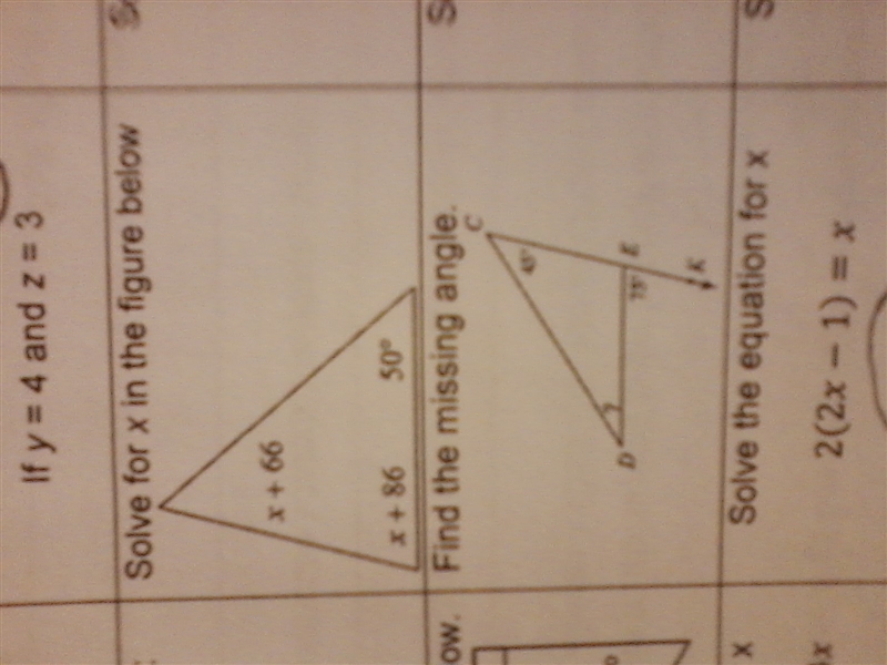 I don't know how to solve for x or find the missing angle-example-1