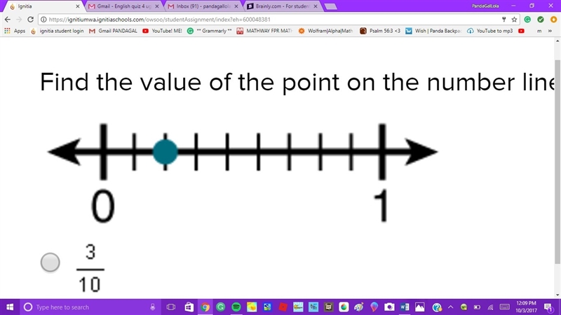 Find the value of the point on the number line. is it 3/10 2/9 2/8 or 3/8 please help-example-1