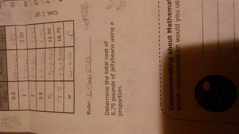 Determine the total cost of 5.75 pounds of jellybeans using a proportion-example-1