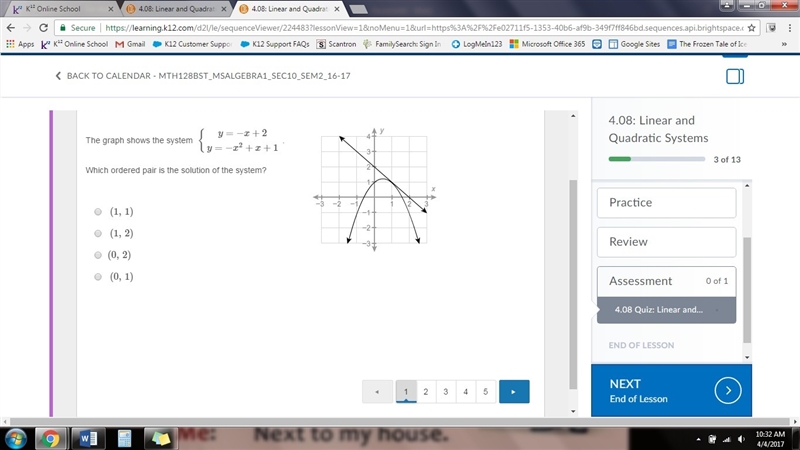 WILL GIVE 20 POINTS The graph shows the system ​ {y=−x+2y=−x2+x+1 .​ Which ordered-example-1