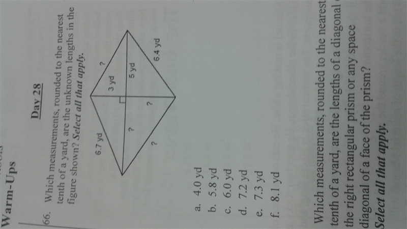 Which measurements, rounded to the nearest tenths of a yard, are the unknown lengths-example-1