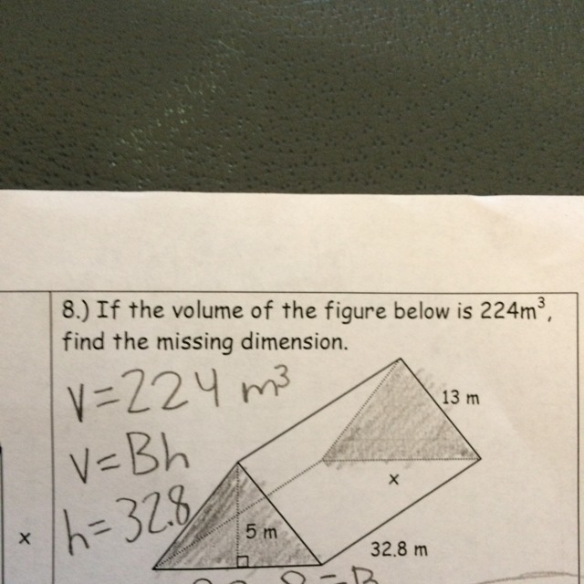 If the volume of the figure below is 224m3, find the missing dimension. (x)-example-1