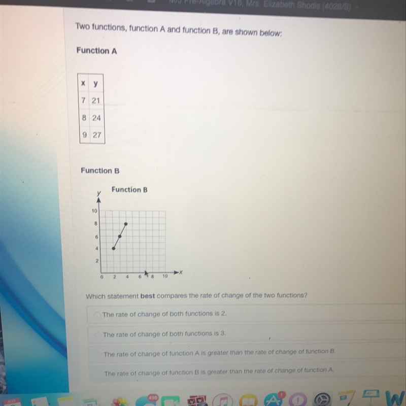 Which statement best compares the rate of change of the two functions?-example-1