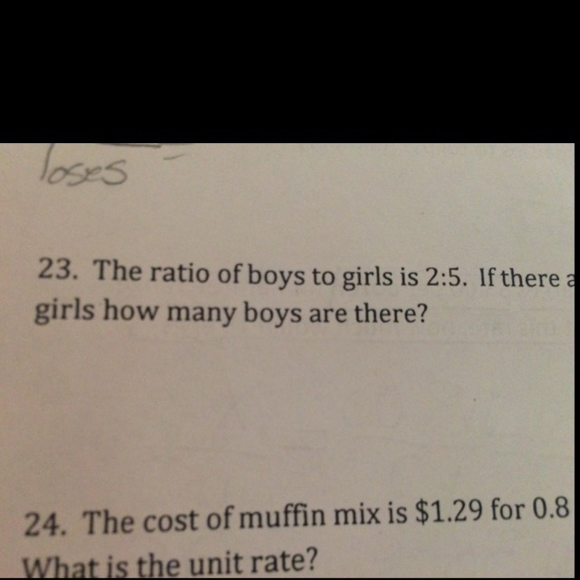 The ratio of girls to boys is 2 to 5 if they're 80 girls how many boys are there?-example-1