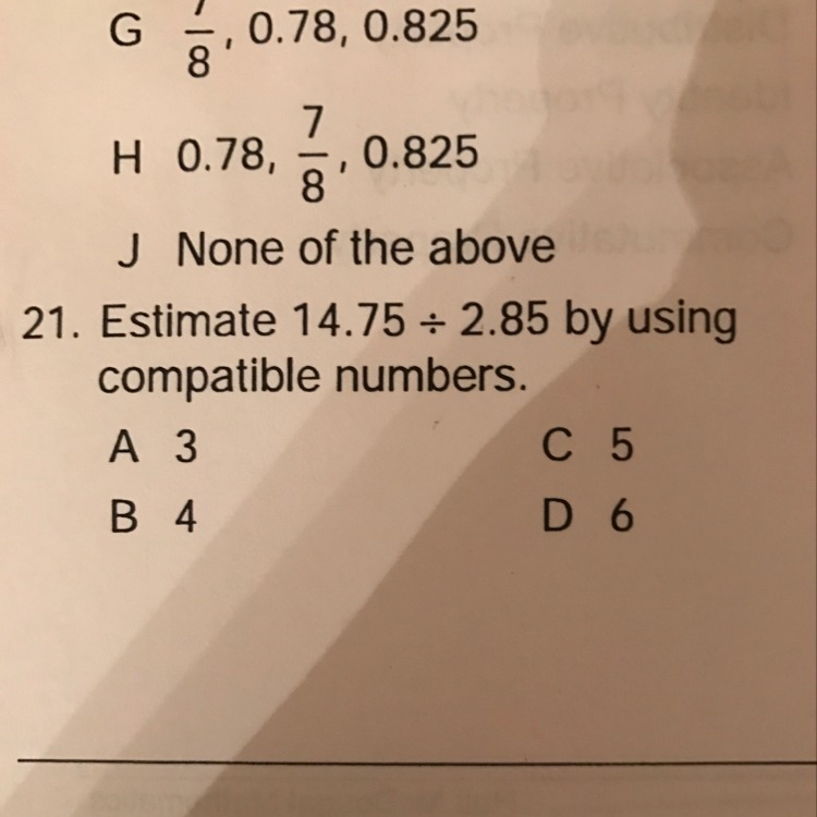 Estimate 14.75 divided by 2.85 by using compatible numbers.-example-1