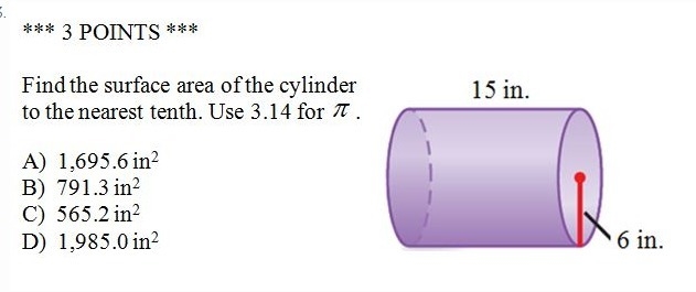 Find the surface area of the cylinder to the nearest tenth. Use 3.14 for n A. 1,695 in-example-1