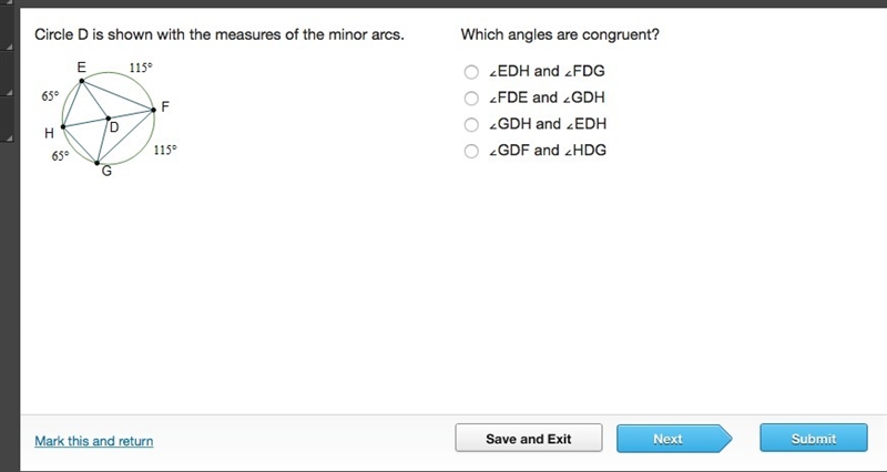 Circle D is shown with the measures of the minor arcs. Which angles are congruent-example-1